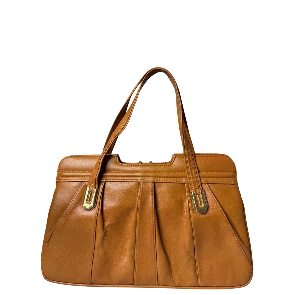 Vintage Made in Italy Cognac Leather Kiss Lock Frame Tote Bag Gold Hardware